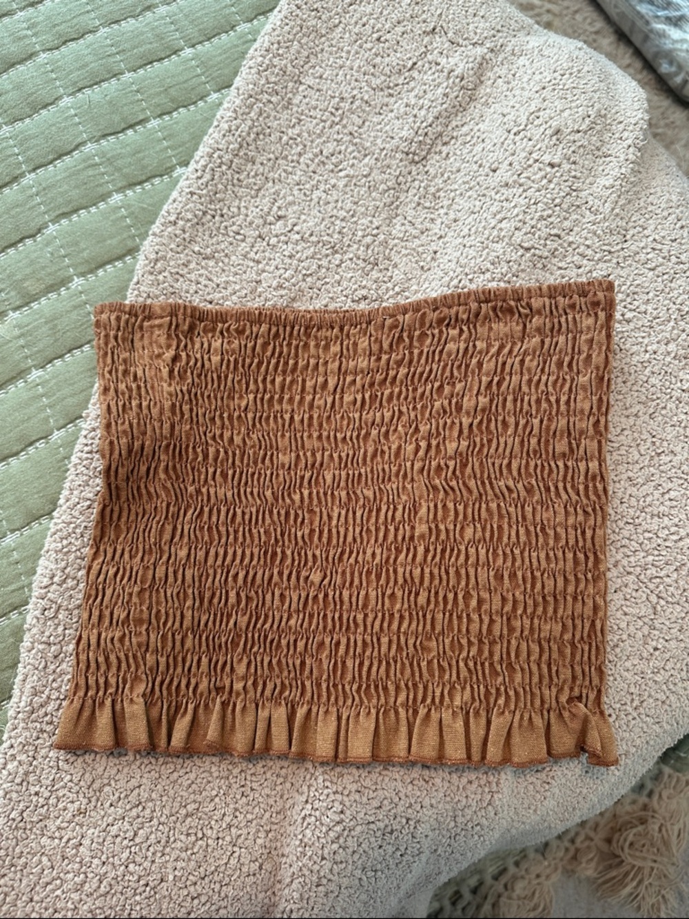 She + Sky Smocked Tube Crop Top in Copper Brown